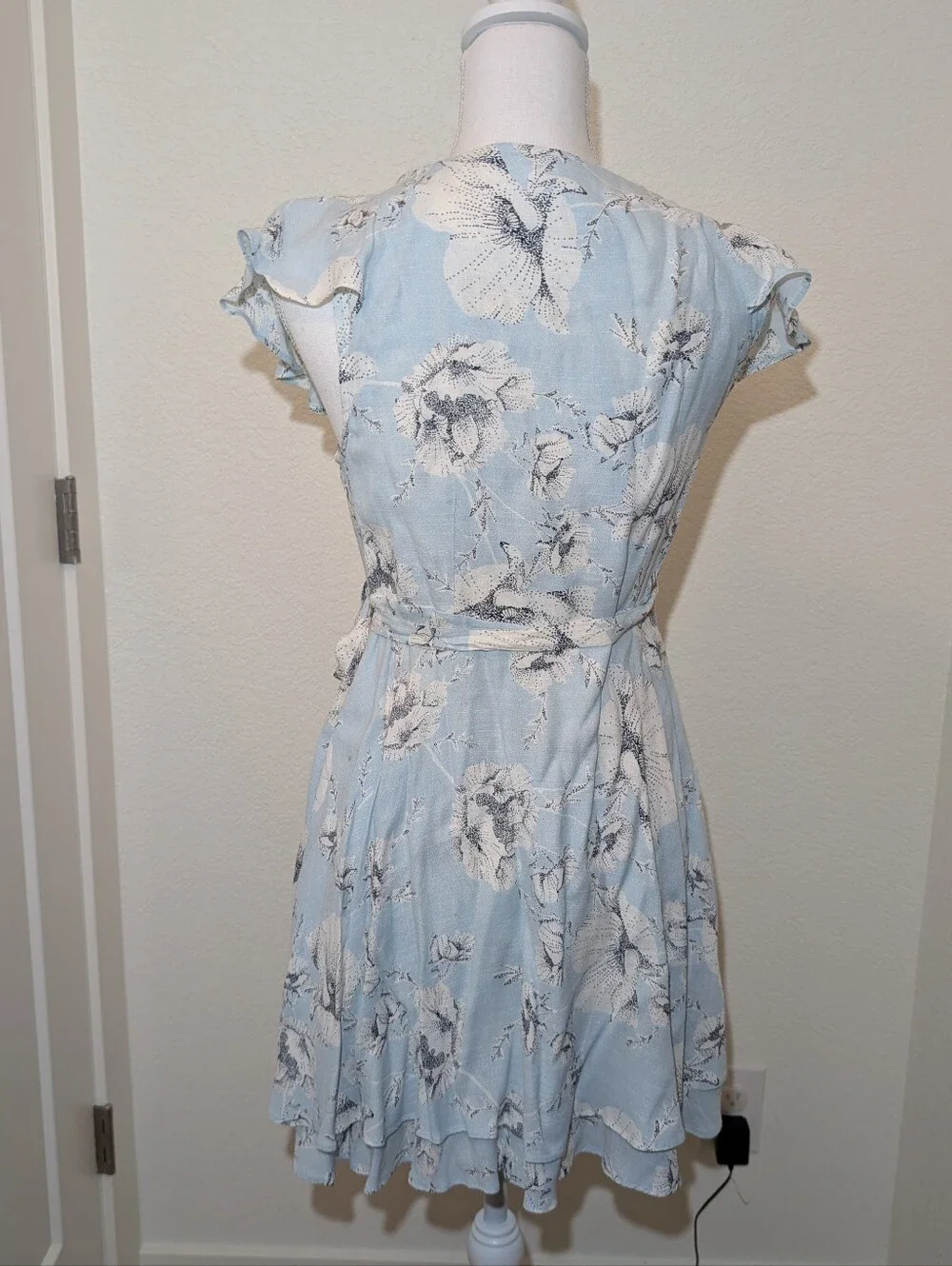 Free People Light Blue Floral French Quarter Mini Wrap Dress